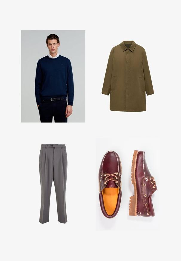 Abrigo verde oliva, de largo hasta la rodilla, confeccionado en tela suave, con cuello tipo solapa, tapeta delantera oculta y dos bolsillos laterales.; Suéter azul marino de tejido de punto, con cuello redondo, mangas largas y un logo sutil en el pecho, combinado con pantalones oscuros y cinturón.; Pantalones gris de pliegues hechos de tela suave, con corte recto, cierre de un solo botón y trabillas para cinturón. Diseño minimalista.; Zapatos de cuero burdeos con suelas de goma marrón, puntera redonda, costuras blancas y ojales dorados. El interior cuenta con un forro amarillo.
