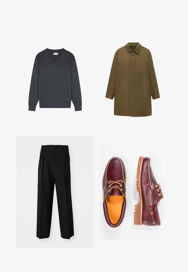 Olivgrüner, knielanger Mantel aus glattem Stoff, mit Kragen, verdeckter Knopfleiste und zwei seitlichen Taschen.; Scalpers V NECK - Strickpullover - greyish blue; Schwarze, plissierte Hose mit geradem, weitem Bein. Hergestellt aus glattem Stoff, mit Knopfverschluss und Gürtelschlaufen.; Bordeauxfarbene Lederschuhe mit braunen Gummisohlen, runder Zehenform, weißen Nähten und goldenen Ösen. Das Innenfutter weist eine gelbe Beschichtung auf.