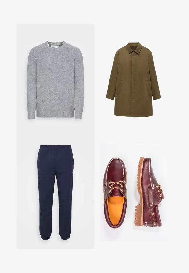 Mantou verde măsliniu, până la genunchi, fabricat dintr-un material neted, având guler cu gât, plachetă frontală ascunsă și două buzunare laterale.; Pulover gri tricotat cu guler rotund, manșete și tiv cu nervuri. Textură netedă și un design simplu, clasic, cu fante laterale.; Pantaloni de trening bleu închis, cu talie elastică și manșete strânse. Fabricati dintr-un material moale, având un mic logo pe lateral.; Pantofi din piele burgundă cu talpă din cauciuc brun, vârf rotund, cusături albe și gauri aurii pentru șireturi. Interiorul are un căptușeală galbenă.