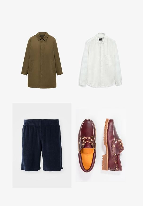 Olivengrøn, knælange frakke lavet af glat stof, med krave, skjult frontlukning og to sidelommer.; Hvid skjorte med lange ærmer og tynde lodrette striber. Knaplukning, enkelt brystlomme og et blødt tekstureret stof med en afslappet pasform.; Marineblå frottéshorts med elastisk talje, knælangde og sidelommer. Blød tekstur og enkelt design.; Bordeaux lædersko med brune gummisåler, rund tå, hvid syning og gyldne snøringer. Indersiden har et gult for.