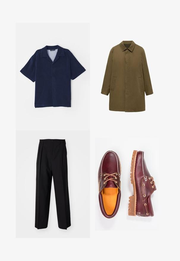 Olijfgroene, knielange jas van een soepel weefsel, met een kraag, verborgen sluiting aan de voorkant en twee zijzakken.; Marineblauwe korte mouw shirt van zachte stof. Voorzien van een omgeslagen kraag en een knoopsluiting aan de voorkant. Glad van textuur zonder patronen.; Zwarte geplooide broeken met een rechte, brede pijpontwerp. Gemaakt van soepele stof, met een knoopsluiting en riemlussen.; Bordeaux leren schoenen met bruine rubberen zolen, ronde neus, witte stiksels en gouden veterogen. Het interieur heeft een gele voering.