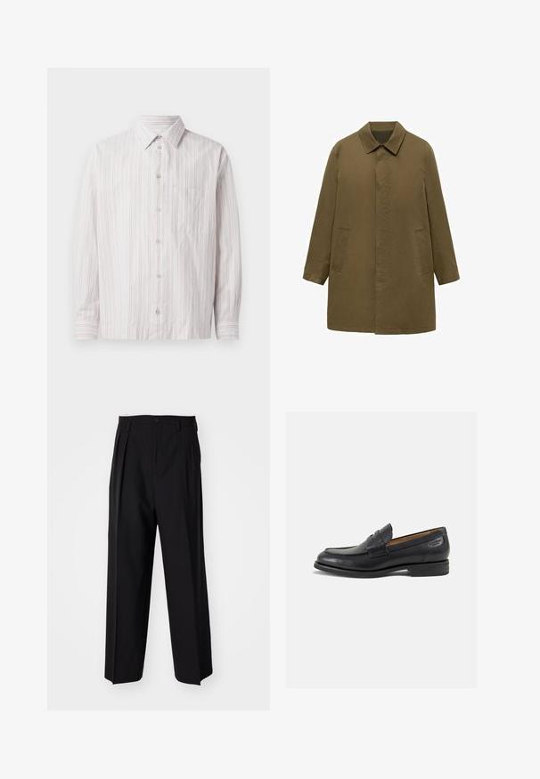 Olijfgroene, knielange jas van een soepel weefsel, met een kraag, verborgen sluiting aan de voorkant en twee zijzakken.; Witte button-up shirt met dunne roze verticale strepen, puntige kraag, lange mouwen, één borstzak en afgeronde zoom.; Zwarte geplooide broeken met een rechte, brede pijpontwerp. Gemaakt van soepele stof, met een knoopsluiting en riemlussen.; Zwarte leren loafers met een gladde afwerking, ronde neus en decoratieve stiksels op de wreef. Lage gestapelde hak en een lichte glans.