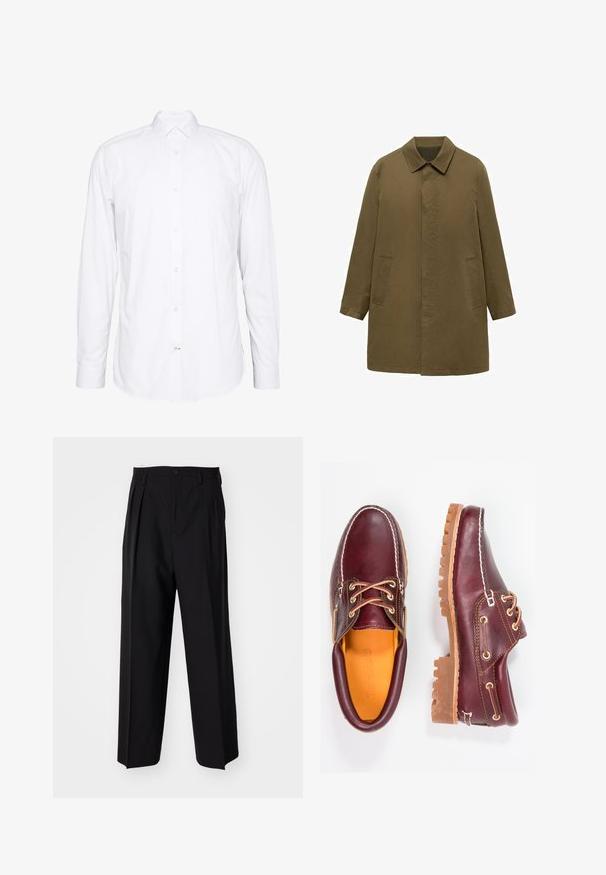 Olijfgroene, knielange jas van een soepel weefsel, met een kraag, verborgen sluiting aan de voorkant en twee zijzakken.; Witte longsleeve shirt van katoen. Heeft een kraag, sluiting met knopen aan de voorkant en manchetten met één knoop. Zachte textuur, een schoon ontwerp.; Zwarte geplooide broeken met een rechte, brede pijpontwerp. Gemaakt van soepele stof, met een knoopsluiting en riemlussen.; Bordeaux leren schoenen met bruine rubberen zolen, ronde neus, witte stiksels en gouden veterogen. Het interieur heeft een gele voering.