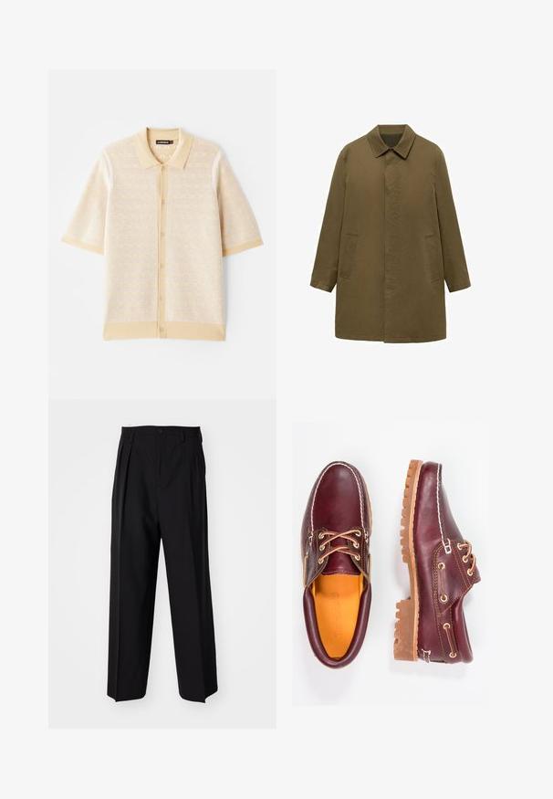 Olijfgroene, knielange jas van een soepel weefsel, met een kraag, verborgen sluiting aan de voorkant en twee zijzakken.; Beige polo-shirt met korte mouwen, voorzien van een getextureerd, gebreid patroon en een knoopsluiting aan de voorkant. Heeft een effen kraag en contrasterende accenten.; Zwarte geplooide broeken met een rechte, brede pijpontwerp. Gemaakt van soepele stof, met een knoopsluiting en riemlussen.; Bordeaux leren schoenen met bruine rubberen zolen, ronde neus, witte stiksels en gouden veterogen. Het interieur heeft een gele voering.