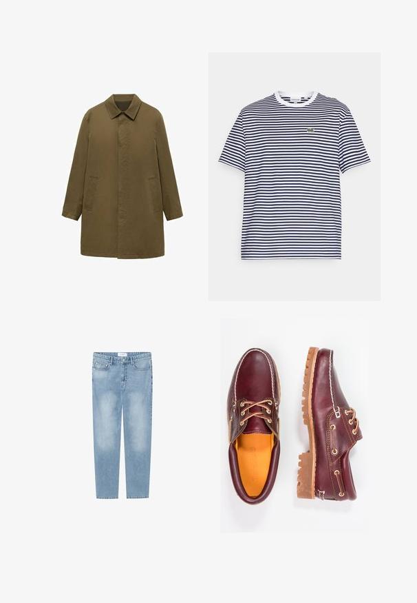 Oliwkowy, sięgający do kolan płaszcz wykonany z gładkiego materiału, z kołnierzem, ukrytą zapiętą przodu oraz dwiema bocznymi kieszeniami.; Granatowo-biały w paski bawełnowy t-shirt z okrągłym dekoltem i krótkim rękawem. Posiada małe zielone logo krokodyla na piersi.; Jasnoniebieskie jeansy o prostym kroju wykonane z denimu. Posiadają pięć kieszeni, przetarcia oraz metkę na pasku. Bez zdobień.; Bordowe skórzane buty z brązowymi gumowymi podeszwami, okrągły czubek, białe przeszycia i złote oczka. Wnętrze posiada żółtą podszewkę.