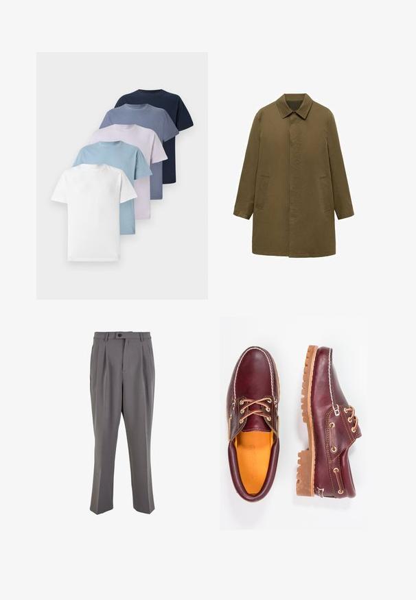 Olivovo zelený kabát po kolená vyrobený z hladkej tkaniny, s golierom, skrytým predným uzáverom a dvoma bočnými vreckami.; Päť tričiek s okrúhlym výstrihom v rôznych farbách: biele, svetlomodré, svetlofialové, tmavomodré a námornícka modrá. Vyrobené z bavlny s kratšími rukávmi.; Šedé skladané nohavice vyrobené z hladkej látky, s rovnými nohavicami, jedným gombíkom na zapínanie a pútkami na opasok. Minimalistický dizajn.; Bordové kožené topánky s hnedými gumovými podrážkami, okrúhlou špičkou, bielym prešívaním a zlatými kovaniami. Interiér má žlté podšívku.