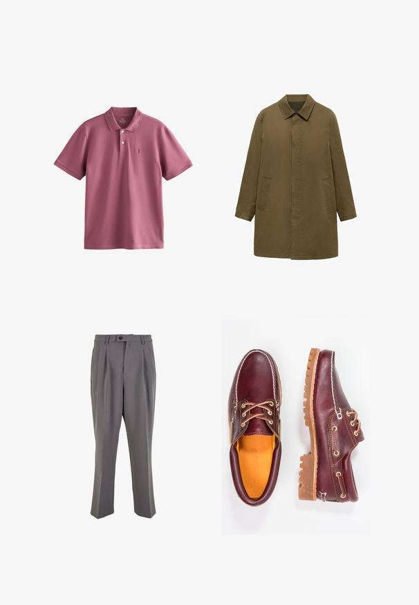 Olivovo zelený kabát po kolená vyrobený z hladkej tkaniny, s golierom, skrytým predným uzáverom a dvoma bočnými vreckami.; Polo tričko v tlmenom mauve, vyrobené z ľahkej bavlny. Má klasický golier, tri gombíky, krátke rukávy a malú vyšívanú logo.; Šedé skladané nohavice vyrobené z hladkej látky, s rovnými nohavicami, jedným gombíkom na zapínanie a pútkami na opasok. Minimalistický dizajn.; Bordové kožené topánky s hnedými gumovými podrážkami, okrúhlou špičkou, bielym prešívaním a zlatými kovaniami. Interiér má žlté podšívku.