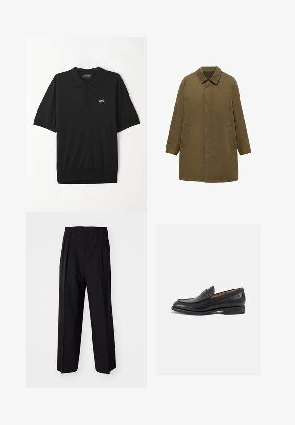 Mantou verde măsliniu, până la genunchi, fabricat dintr-un material neted, având guler cu gât, plachetă frontală ascunsă și două buzunare laterale.; Tricou polo negru cu mâneci scurte, realizat dintr-un material moale. Dispune de un închidere cu nasturi și un mic logo alb "D2" pe piept.; Pantaloni negri plisat cu un design drept și pantaloni largi. Construiți dintr-un material neted, prevăzuți cu închidere cu nasture și bucle pentru curea.; Mocasini din piele neagră cu o finisare netedă, vârf rotund și cusături decorative pe partea superioară. Toc mic și stivuit, cu o ușoară strălucire.