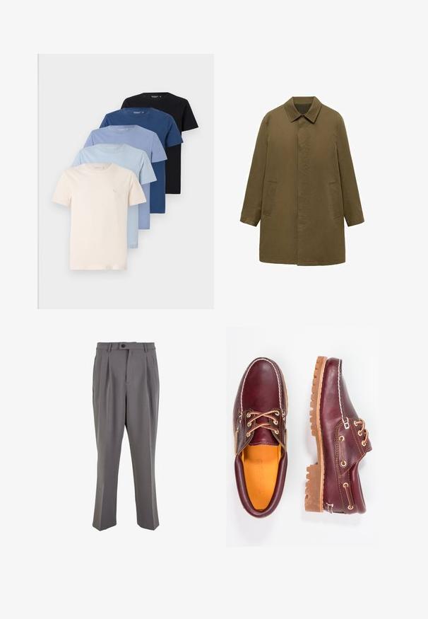 Maslinasto zeleni kaput do koljena izrađen od glatkog materijala, s ovratnikom, skrivenim prednjim kopčanjem i dva bočna džepa.; Kolekcija od pet majica s okruglim izrezom u nijansama krem, svijetloplave, tamnoplave i crne, izrađenih od mekog pamuka, s jednostavnim dizajnom.; Sive plisirane hlače od glatke tkanine, s ravnim krojem, jednim kopčanjem na dugme i petljama za remen. Minimalistički dizajn.; Burgundske kožne cipele s smešnim gumenim potplatima, okruglim vrhom, bijelim šavovima i zlatnim rupama za vezivanje. Unutrašnjost ima žutu podstavu.