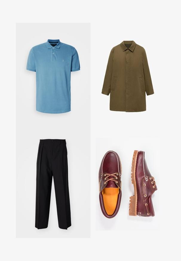 Olivově zelený, kabát do kolen vyrobený z hladké tkaniny, s límečkem, skrytým předním zapínáním a dvěma bočními kapsami.; Světle modré polo tričko z bavlny, s klasickým límečkem, tříknoflíkovou légou a malým vyšitým logem na hrudi.; Černé skládací kalhoty s rovnými, širokými nohavicemi. Vyrobené z hladké tkaniny, se zapínáním na knoflík a poutky na opasek.; Burgundské kožené boty s hnědými gumovými podrážkami, kulatou špičkou, bílým prošíváním a zlatými očky. Interiér obsahuje žlutou podšívku.