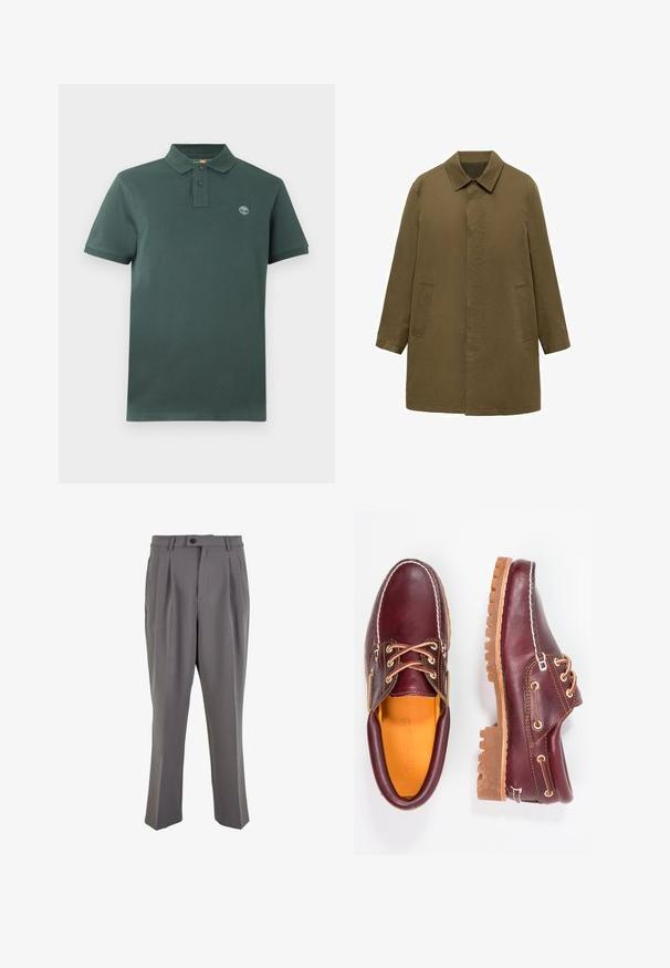 Oliwkowy, sięgający do kolan płaszcz wykonany z gładkiego materiału, z kołnierzem, ukrytą zapiętą przodu oraz dwiema bocznymi kieszeniami.; Ciemnozielona koszulka polo wykonana z bawełny, z klasycznym kołnierzykiem, trzema guzikami i subtelnym logo na lewej piersi. Krótkie rękawy.; Szare plisowane spodnie wykonane z gładkiego materiału, o prostym kroju, z pojedynczym zapięciem na guzik i szlufkami na pasek. Minimalistyczny design.; Bordowe skórzane buty z brązowymi gumowymi podeszwami, okrągły czubek, białe przeszycia i złote oczka. Wnętrze posiada żółtą podszewkę.