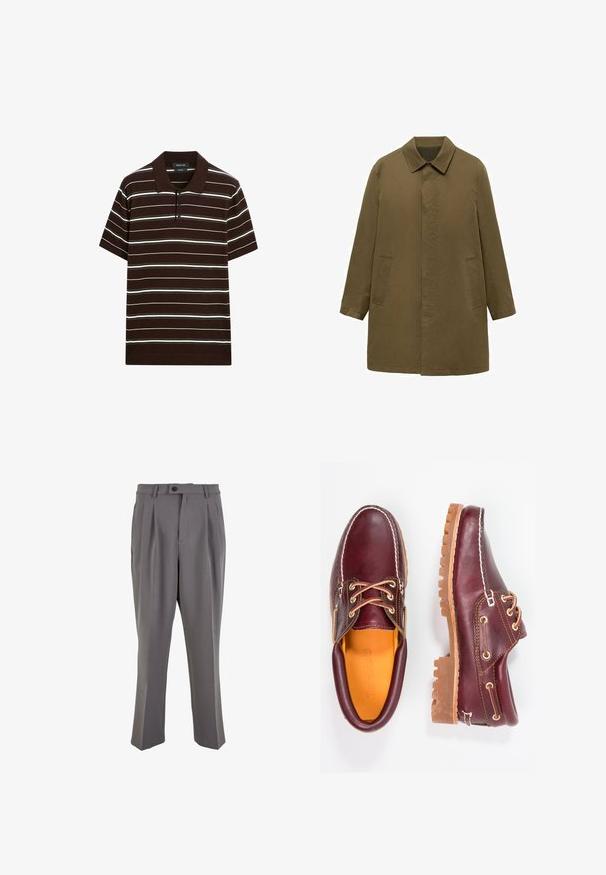 Oliwkowy, sięgający do kolan płaszcz wykonany z gładkiego materiału, z kołnierzem, ukrytą zapiętą przodu oraz dwiema bocznymi kieszeniami.; Brązowa koszulka polo z krótkim rękawem w białe i jasnoszare paski, z trzema guzikami i płaskim kołnierzykiem. Wykonana z miękkiego materiału o luźnym kroju.; Szare plisowane spodnie wykonane z gładkiego materiału, o prostym kroju, z pojedynczym zapięciem na guzik i szlufkami na pasek. Minimalistyczny design.; Bordowe skórzane buty z brązowymi gumowymi podeszwami, okrągły czubek, białe przeszycia i złote oczka. Wnętrze posiada żółtą podszewkę.