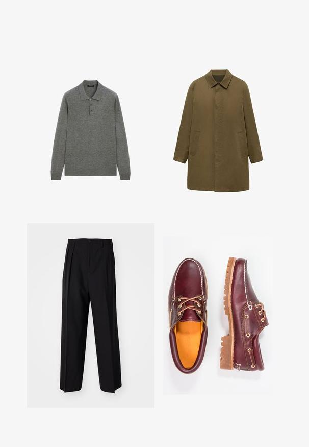 Olivengrøn, knælange frakke lavet af glat stof, med krave, skjult frontlukning og to sidelommer.; Grå langærmet polo skjorte lavet af blødt stof, med en klassisk krave og tre-knap lukning foran.; Sorte plisserede bukser med et lige, bred ben-design. Fremstillet af glat stof, med en knaplukning og bæltesløjfer.; Bordeaux lædersko med brune gummisåler, rund tå, hvid syning og gyldne snøringer. Indersiden har et gult for.