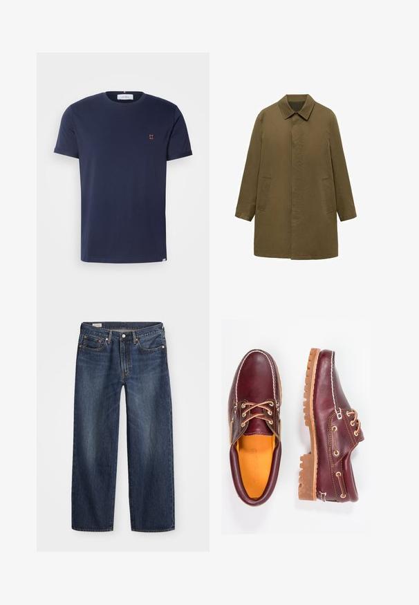 Olivově zelený, kabát do kolen vyrobený z hladké tkaniny, s límečkem, skrytým předním zapínáním a dvěma bočními kapsami.; Námorně modré tričko s krátkým rukávem vyrobené z měkké bavlny, s kulatým výstřihem a malou oranžovou výšivkou "II" na hrudi.; Tmavě modré džíny z denimu se střihovým středním nohavicím, designem s pěti kapsami, kovovým knoflíkem a zipem, a jemnými vzory žmolků.; Burgundské kožené boty s hnědými gumovými podrážkami, kulatou špičkou, bílým prošíváním a zlatými očky. Interiér obsahuje žlutou podšívku.