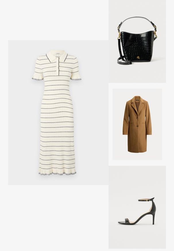 Brauner Wollmantel mit Reverskragen, zwei vorderen Knöpfen, seitlichen Taschen und glattem Innenfutter. Klassische gerade Silhouette.; sandro ROBE MIDI COL POLO FINITIONS FRILL - Freizeitkleid - ecru; Schwarze Leder-high-heeled Sandale mit Knöchelriemen. Verfügt über eine glatte Textur, offene Zehen und einen dünnen Absatz. Goldfarbener Schnallenakzent.; Schwarze, krokodilgeprägte Lederhandtasche mit geschwungener Form, goldfarbenen Hardware-Akzenten, einem verstellbaren Riemen und einem Logodetail auf der Vorderseite.