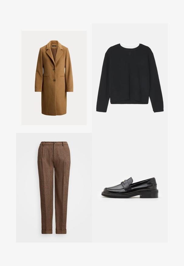 Brauner Wollmantel mit Reverskragen, zwei vorderen Knöpfen, seitlichen Taschen und glattem Innenfutter. Klassische gerade Silhouette.; Schwarzer Sweatshirt mit langen Ärmeln, Rundhalsausschnitt und einem leicht verkürzten Saum. Aus weichem Stoff gefertigt, mit einem dezenten Logodetail auf der Vorderseite.; Braune karierte Hose mit tailliertem Schnitt, mit Falten, einem Knopfverschluss und umgeschlagenen Säumen. Texturiert mit orangefarbenen Akzenten.; Schwarze Lackleder-Pantoletten mit glatter Oberfläche, einer gesteppten Detailverarbeitung an der Vorderseite und einem niedrigen Blockabsatz für Unterstützung. Goldakzent am Riemen.