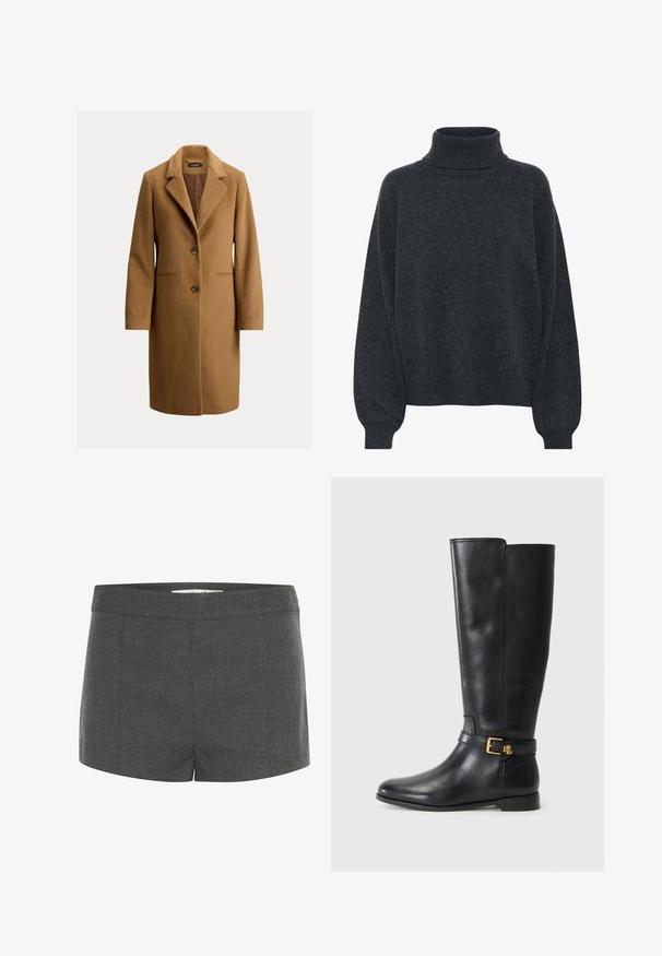 Hnedý vlnený kabát s klopom, dvoma prednými gombíkmi, bočnými vreckami a hladkou podšívkou. Klasická rovná silueta.; Gestuz MANZI ROLLNECK - Svetrík - deep graphite; Sivé šité šortky vyrobené z textúrovanej látky, s plochým pásom a rovný strih, bez vreciek alebo ozdôb.; Čierne kožené čižmy po kolená s detailom zlatého pracky. Dizajn je štíhly a elegantný, na bielom pozadí.