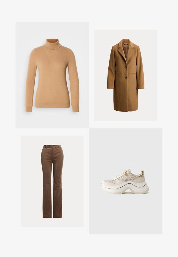 Cappotto di lana marrone con revers a scatto, due bottoni frontali, tasche laterali e una fodera interna liscia. Silhouette dritta classica.; Maglione beige a collo alto realizzato in morbido tessuto a maglia, con maniche lunghe e un logo del marchio discreto sul petto. Polsini e orlo a coste.; Pantaloni in corduroy marrone con design a gamba dritta, dotati di passanti per cintura, tasche anteriori e una delicata rigatura verticale per texture.; Sneaker platform beige e oro con motivo "MK", chiusura con lacci, charm dorato e suola spessa ondulata su sfondo semplice.