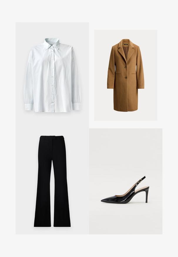Palton din lână maro, cu rever pe tip notch, două butoane frontale, buzunare laterale și căptușeală netedă. Siluetă clasică dreaptă.; Cămașă albastră deschis, cu guler clasic, mâneci lungi și o croială lejeră. Fabricată dintr-un material neted, cu un ușor luciu.; Pantaloni negri evazați, cu o textură netedă, talie ajustată și buzunare frontale, proiectați cu o siluetă modernă, elegantă.; Pantofi slingback din piele patent neagră, cu vârful ascuțit, tocul subțire și un design discret cu decupaj. Se evidențiază printr-un cataramă aurie pe curea.