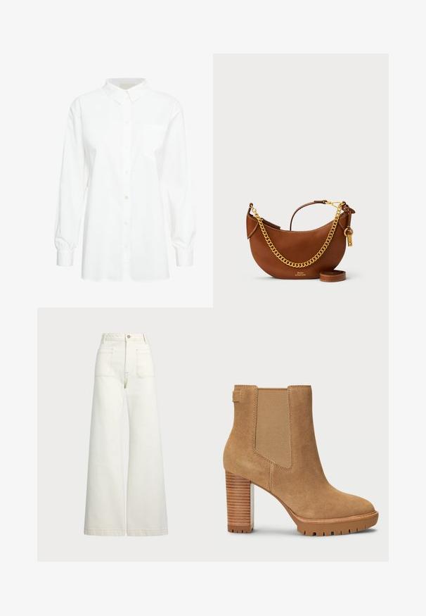 Cappotto di lana marrone con revers a scatto, due bottoni frontali, tasche laterali e una fodera interna liscia. Silhouette dritta classica.; Camicia bianca a maniche lunghe con bottoni in cotone. Presenta un colletto classico, una tasca unica sul petto e polsini arricciati. Texture morbida.; Jeans a gamba larga in denim bianco sporco. Design a vita alta con chiusura a bottone, due tasche frontali e dettagli di cucitura a contrasto.; Stivaletto alla caviglia in suede beige con tacco a blocco, pannello laterale elastico e suola in gomma con motivo di battistrada per una maggiore aderenza.; Borsa a mano in pelle marrone con un design curvo, tracolla in catena dorata, tasca interna e tracolla rimovibile. Presenta cuciture a contrasto.