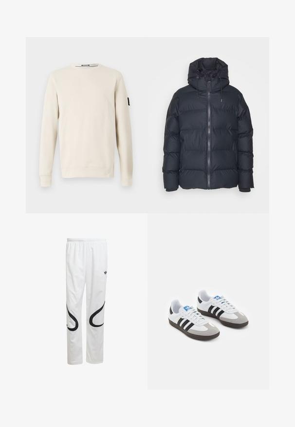Rains ALTA PUFFER JACKET UNISEX - Talvitakki - navy; Beige crewneck huppari, joka on valmistettu pehmeästä kankaasta. Siinä on pitkät hihansuut ja pieni musta logo vasemmassa hihassa.; Valkoiset urheiluhousut, joissa on sileä pinta, mustat kaarevat kuvioinnit sivuilla ja musta logo vyötärön lähellä.; Urheilukengät, joissa on valkoinen nahkainen päällinen, harmaa mokkanokka ja kolme mustaa raitaa. Ominaisuuksina sininen logo kielekkeessä ja kuvioitu kumipohja.