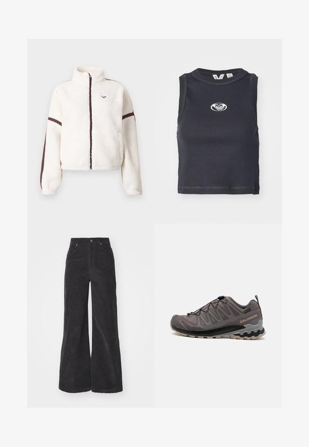 Chaqueta de forro polar blanca con cremallera frontal completa, cuello alto y rayas marrones a lo largo de las mangas y la línea de la cremallera.; Top corto negro con canalé, con cuello redondo y diseño sin mangas. Presenta un logotipo blanco centrado en el pecho. Textura suave.; Pantalones de pana anchos en negro con cintura alta, bolsillos delanteros y cierre de botón. La tela presenta una superficie suave y texturizada.; Zapato exterior gris con parte superior de malla y sintético, cuello acolchado y suela texturizada con surcos profundos para tracción. Sistema de cordones ajustable.
