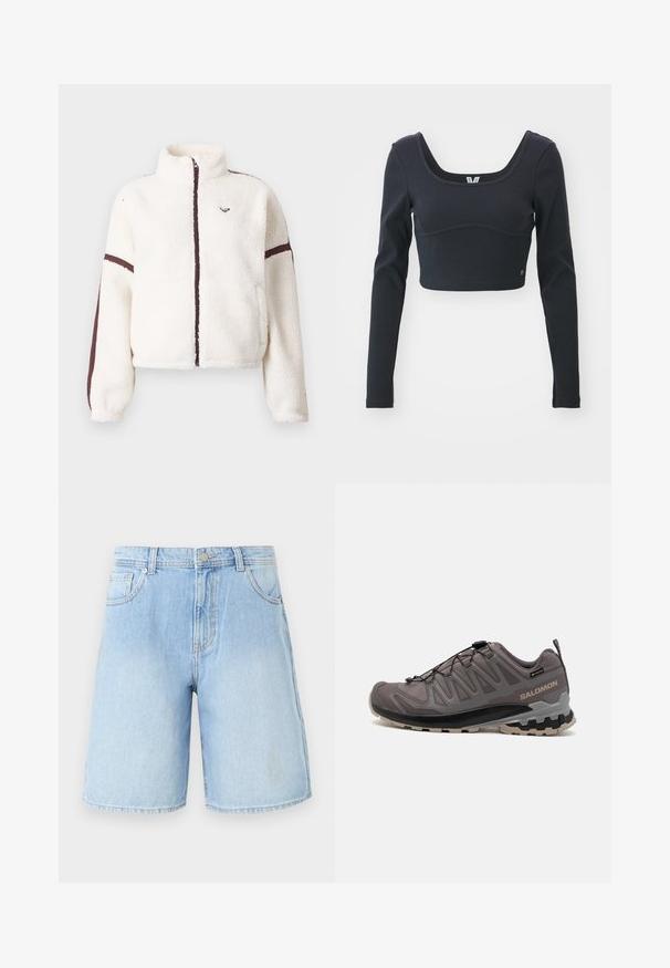 Valkoinen fleece-takki, jossa on täyspitkä vetoketju, korkea kaulus ja ruskeat raidat hihojen sekä vetoketjulinjan varrella.; Musta pitkähihainen lyhythihaisu cropped-paita ribbikankaisena, jossa on leveä scoop-aukko ja istuva siluetti, sekä hienovarainen brändilogo.; Vaaleansiniset farkkushortsit suoraan leikattuna, joissa on viisi taskua ja ylänapitus. Haalistunut pesu, jossa näkyvät ompeluyksityiskohdat.; Housut harmaat ulkoilujalkineet, joissa on verkko- ja synteettinen yläosa, pehmustettu nilkkaosa ja kuvioitu pohja syvillä urilla pidon parantamiseksi. Säädettävä nauhaku süsteemi.