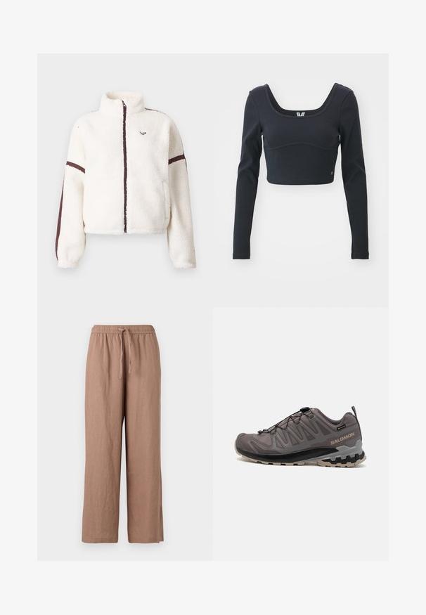 Weißer Fleece-Jacke mit durchgehendem Reißverschluss, hohem Kragen und braunen Streifen entlang der Ärmel und der Reißverschlusslinie.; Schwarzes langärmliges, kurzes Oberteil aus Rippmaterial, mit weitem Boots-Ausschnitt und taillierter Silhouette, versehen mit einem dezenten Markenlogo Akzent.; Helle braune Leinen-Hose mit weit geschnittenem Bein, elastischem Bund und Kordelzug. Verfügt über eine glatte Textur und eine knöchellange Schnittführung.; Graues Freizeitschuh mit einem Obermaterial aus Mesh und Synthetik, einem gepolsterten Kragen und einer strukturierten Sohle mit tiefen Profilen für gute Trittfestigkeit. Verstellbares Schnürsystem.
