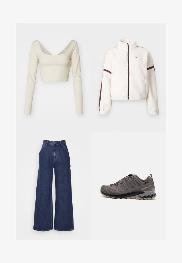 White fleece jacket with full front zipper, high collar, and brown stripes along sleeves and zipper line.; Long-sleeved cropped top in light beige ribbed fabric. Features a wide scoop neckline and a side accent button detail. Smooth texture.; Wide-leg denim jeans in dark blue, featuring a high waist, front pockets, and a zipper fly with a metal button. Smooth texture and classic design.; Gray outdoor shoe with a mesh and synthetic upper, a padded collar, and a textured sole featuring deep treads for traction. Adjustable lacing system.