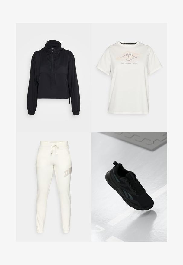 Melna īsā puloveris ar augstu apkakli, frontā esošu rāvējslēdzēju un auklām. Iekļauj garas piedurknes ar elastīgām aprocēm un sānu rāvējslēdzēja kabatām.; ASICS FUJITRAIL LOGO TOP - Sporta krekli - cream; Baltas sporta bikses ar striķi jostas vietā, elastīgiem aproču galiem, sānu kabatām un "DKNY" logotipu ar rhinestoniem pa kreisi no augšstilba.; Melnas sporta kedas ar sietu augšpusi, ar teksturētām akcentiem un plakanu zoles formu. Iekļauta toņu zīmola nosaukuma atzīme un cilpa uz papēža.