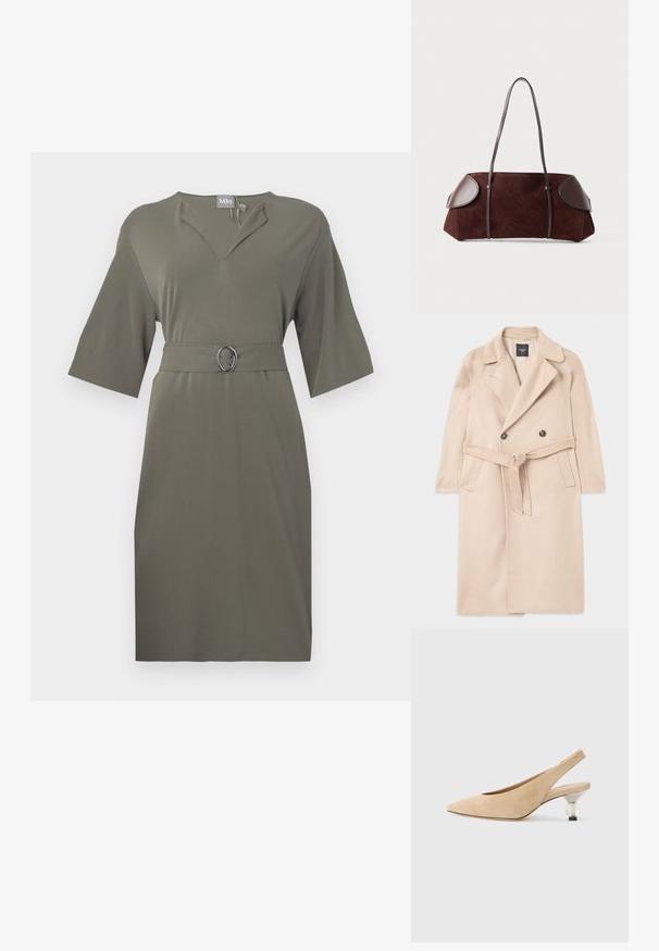 Beige kabát z vlněné směsi s dvouřadým zapínáním, s klopovými límci, páskem v oblasti pasu a bočními kapsami. Hladká textura a střední délka.; Rukávový, po kolena dlouhý šaty v olivově zelené barvě, vyrobené z hladké látky. Vlastnosti zahrnují výstřih do V a odpovídající pásek se stříbrnou ovalní sponou.; Béžová semišová slingback obuv s špičatou špičkou a průhledným, zakulaceným podpatkem. Hladká textura a minimalistický design.; Hnědá semišová taška s koženými detaily, strukturovaného tvaru, s dvojitými ramenními popruhy a zaoblenými okraji, s hladkým povrchem a minimálním kovovým příslušenstvím.