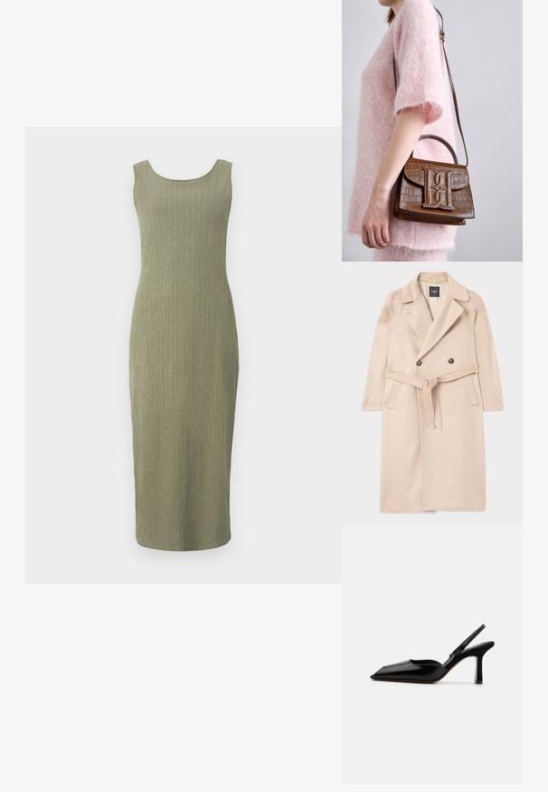 Palton din lână bej, cu un design dublu-rasucit, rever cu tăietură, curea la talie și buzunare laterale. Textură netedă și stil de lungime medie.; Rochie tricotată, verde măsliniu, cu o siluetă ajustată, decolteu rotund și textură cu nervuri. Lungime până la genunchi, fără mâneci.; Sandale din piele neagră cu toc, cu vârf ascuțit, design minimalist, curea subțire la gleznă și toc subțire elegant. Textură netedă.; Geantă maronie cu embossing de crocodil, dotată cu un mâner superior și o curea de umăr. Prezintă un logo proeminent pe clapeta din față. Textură moale.