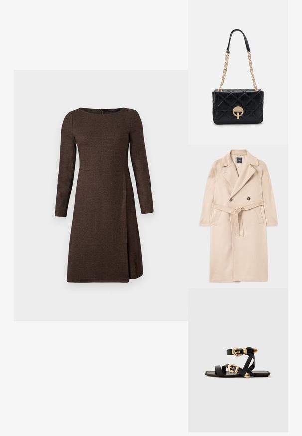 Palton din lână bej, cu un design dublu-rasucit, rever cu tăietură, curea la talie și buzunare laterale. Textură netedă și stil de lungime medie.; Rochie lungă, cu mâneci lungi, de culoare maro, confecționată dintr-un material texturat, mai strânsă în zona bustului și lărgindu-se la fustă, având un sistem de închidere cu fermoar la spate.; Sandale din piele neagră cu accente aurii pe catarame, având mai multe curele și un design cu talpă plată pentru purtare cu degetele la vedere.; Geantă din piele quilted neagră cu o curea din lanț auriu, având un detaliu circular pentru închidere. Formă compactă și rectangulară, cu o textură netedă.