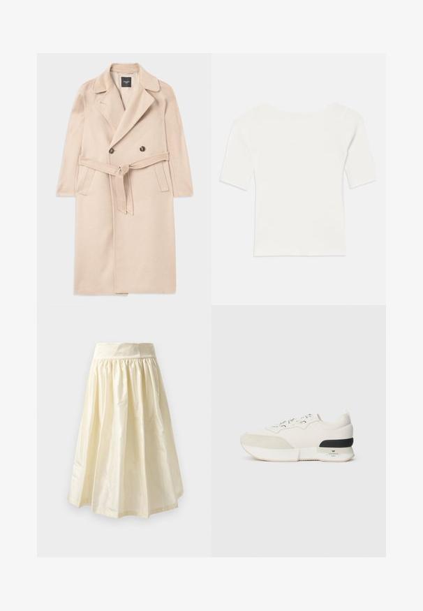Beige wool blend coat with a double-breasted design, notched lapels, waist tie, and side pockets. Smooth texture and mid-length style.; White ribbed short-sleeve top with a wide neckline. The texture features vertical stripes, emphasizing a snug fit and simple design.; Cream-colored, mid-length skirt made of lightweight, shiny fabric with a gathered waist and smooth texture.; White sneaker featuring a textured suede toe cap, smooth mesh upper, decorative laces, and a black rubber heel accent.