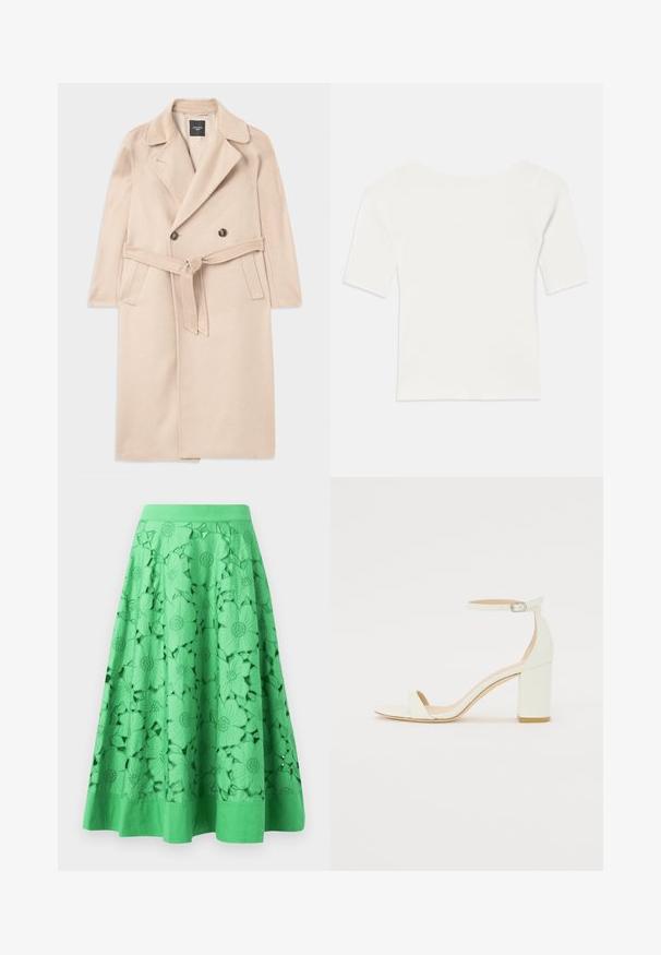 Palton din lână bej, cu un design dublu-rasucit, rever cu tăietură, curea la talie și buzunare laterale. Textură netedă și stil de lungime medie.; Top scurt cu mânecă scurtă, alb, cu decolteu larg. Textura are dungi verticale, evidențiind o potrivire strânsă și un design simplu.; Fustă verde cu motive florale decupate, textură netedă și talie ajustată. Marginea este solidă și ușor evazată.; Sandal din piele albă cu toc bloc, având o curea la glezna cu cataramă și un design minimalist. Vârf deschis și texturi netede pe întreaga suprafață.
