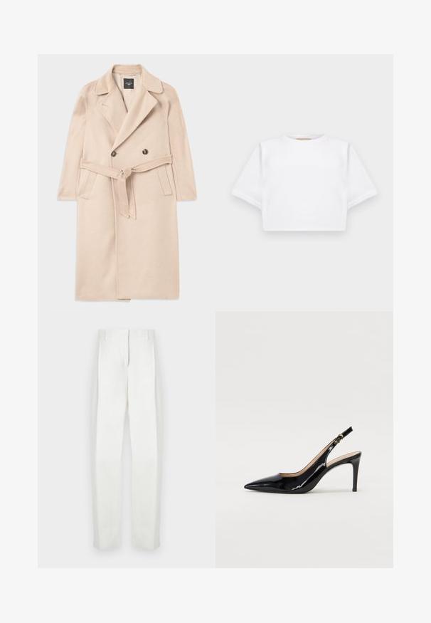 Beige vilnas maisījuma mētelis ar divrindu šuvēm, ieliktajām atlokām, jostu viduklim un sānu kabatām. Gluda faktūra un vidēja garuma stils.; Izgriezta balta T-krekla no mīksta auduma, ar īsām piedurknēm, apaļu apkakli un ribota apakšmala. Vienkāršs un neizpušķots dizains.; Paul Smith Auduma bikses - white; Melnas lakotās ādas slingback kurpes ar izteiktu degunu, šauru papēdi un smalku izgriezumu dizainu. Siksniņai ir zelta sprādze.