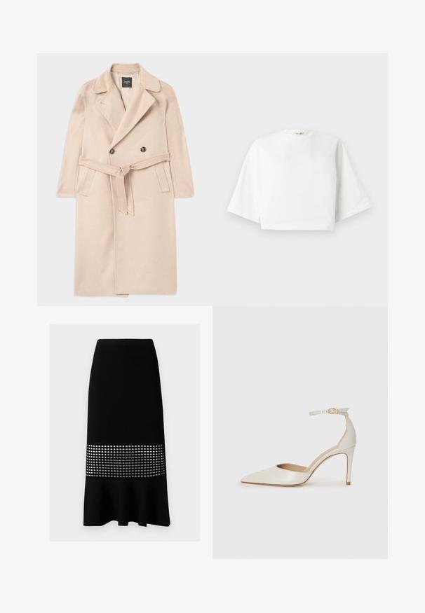 Beige kabát z vlněné směsi s dvouřadým zapínáním, s klopovými límci, páskem v oblasti pasu a bočními kapsami. Hladká textura a střední délka.; Bílý zkrácený tričko s uvolněným střihem, širokými krátkými rukávy, kulatým výstřihem a bočními rozparky, vyrobené z jemného bavlněného materiálu.; Černá úzká pletená sukně s volným spodním okrajem a střední částí se stříbrnými kruhovými výřezy. Hladká textura, obtažený design.; Bílé kožené lodičky na vysokém podpatku s špičatou špičkou, kotníkovým páskem a štíhlým jehlovým podpatkem. Hladká textura s mírným lesklým povrchem.