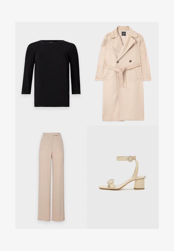 Beige uldblandingsfrakke med dobbeltknaplukning, skrå slag, talje bånd og sidelommer. Glat tekstur og mellemlang stil.; Sort langærmet top med rund halsudskæring, lavet af et glat, let materiale. Den har en afslappet pasform og lige kant med minimale sømme.; Beige vidde bukser lavet af et let stof. Har en glat tekstur, forlommer og et diskret taljebånddesign.; Beige hæle sandaler med firkantet tå, justerbar ankelrem og to runde spænde accenter. Glat lædertekstur og blokhæle.