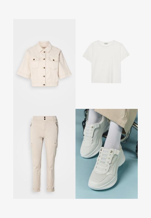 Rövid ujjú, bézs farmerdzseki, amelyen két mellzseb, sárgaréz gombok és finom varrási részletek találhatók.; Fehér, rövid ujjú póló, puha pamutból készült. Kerek nyakkivágással és laza szabással rendelkezik. Tiszta dizájn, látható minták vagy díszítések nélkül.; Beige cargo nadrág, slim fit szabással, két elülső cipzáras zsebbel és oldalsó cargo zsebekkel. Az anyag lágy megjelenésű, enyhe fényességgel.; Fehér sportcipők, amelyek hálós anyagból készültek, gumitalpúak, fűző nélküli kialakítással, rugalmas pántokkal és arany színű kiegészítőkkel rendelkeznek.