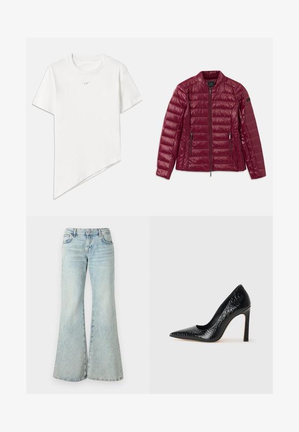 Bordo jastučić jakna s patentnim zatvaračem, stojećim ovratnikom, dva bočna džepa i glatkom, sjajnom nylon površinom. Vodoravni kvadratićasti dizajn.; Bijela majica od pamuka. Ima okrugli izrez, kratke rukave i asimetričnu obrub s dijagonalnim rezom. Mali logo na prsima.; Svijetloplave traperice s potpisom, s visokim strukom, džepovima i rafiniranim rubovima. Tkanina prikazuje izblijeđeni efekt pranja i suptilnu teksturu.; Crne visoke potpetice s oštrim prstima, od teksture krokodilske kože, elegantnog dizajna, visoke stiletto potpetice i glatkog crnog unutrašnjosti.