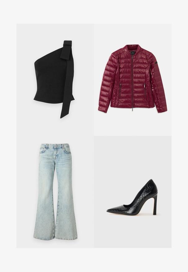 Burgundi spalvos pūkinė striukė su užtrauktuku, stovinčiu apykakle, dviem šoninėmis kišenėmis ir lygia, blizgia nailono tekstūra. Horizontalus siuvinėjimo dizainas.; Asimetriška juoda palaidinė, pagaminta iš struktūruoto audinio; turi kaspiną kairiajame petyje ir prigludusį dizainą.; Šviesiai mėlynos plačios džinsinės kelnės, pasiūtos iš džinsinio audinio, turi aukštą liemenį, kišenes ir susidėvėjusius kraštus. Audinys yra šviesiai nuplautas ir šiek tiek tekstūruotas.; Juoda smailiakulnė aukšto kulno bateliai su krokodilo odos tekstūra, pasižymintys elegantišku dizainu, aukštu stiletu kulnu ir lygia juoda vidine dalimi.
