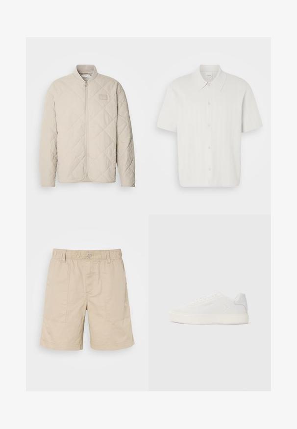 Light beige quilted jacket with a stand collar, full front zipper, and subtle logo patch on the chest. Smooth texture and streamlined design.; Short-sleeve shirt in white fabric with a ribbed texture, featuring a classic collar and button front closure.; Beige cotton shorts with elastic waist, front button, and two side pockets. Features subtle stitching and a small logo on the side.; White sneaker with smooth synthetic upper, round toe, and flat white sole. Features tonal stitching and minimal branding on the side.
