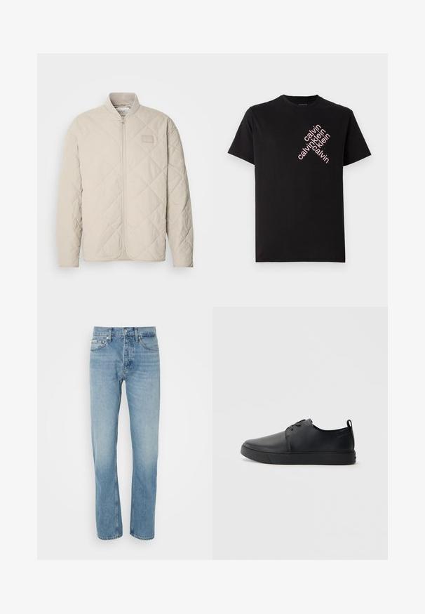 Svijetlosmeđa prošivena jakna s visokim ovratnikom, punim prednjim zatvaračem i suptilnom oznakom na prsima. Glatka tekstura i pojednostavljeni dizajn.; Crna pamučna majica s dijagonalnim ružičastim otiskom "calvin klein" na prednjem dijelu. Kratki rukavi i okrugli izrez.; Svijetloplave traperice s ravnim nogavicama, pet džepova i zatvaranjem na gumb i patentni zatvarač. Sadrže suptilno izbljeđivanje i šivane detalje.; Crne kožne tenisice s glatkom površinom, zaobljenim vrhom, tonom prošivanja, vezanjem sprijeda i ravnim gumenim potplatom. Oko pete se nalazi učka.