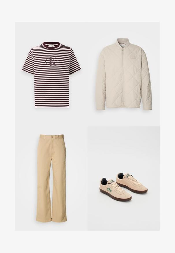 Helebežbeige tepitud jope, millel on seisukrae, täispikk tõmblukk ja diskreetne logopatch rinnal. Sile tekstuur ja voolujooneline disain.; Ribade paita burgundi ja kreemi värviga, millel on ümmargune kaelus ja lühikesed varrukad. Keskel on "Calvin Klein" logo. Pehme kanga tekstuur.; Bežid, laiused püksid, mis on valmistatud puuvillasegust. Omavad nupuvärvi ja vööaukude. Sujuv tekstuur, kus on minimaalsed õmbluse detailid.; Beez suede spordijalatsid tumeda pruuni kummitaldaga, millel on kreemjad laced ja rohelise Lacoste logo küljes.