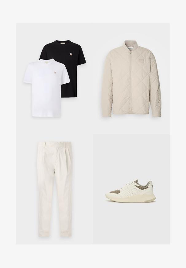 Geacă bej deschis, matlasată, cu guler în picioare, fermoar pe întreaga față și o etichetă logo subtilă pe piept. Textură netedă și design aerodinamic.; Două tricouri cu mânecă scurtă din bumbac, unul negru și unul alb, având un logo mic pe piept și un design clasic cu guler rotund.; Pantaloni albi plisati, cu o croială ajustată, având o textură netedă, bucle pentru curea și picioare conice. Fără buzunare vizibile sau modele.; Tenis sportivi alb și bej deschis, cu un înveliș din plasă, detalii perforate și o talpă intermediară texturată, având marcaj pe călcâi.