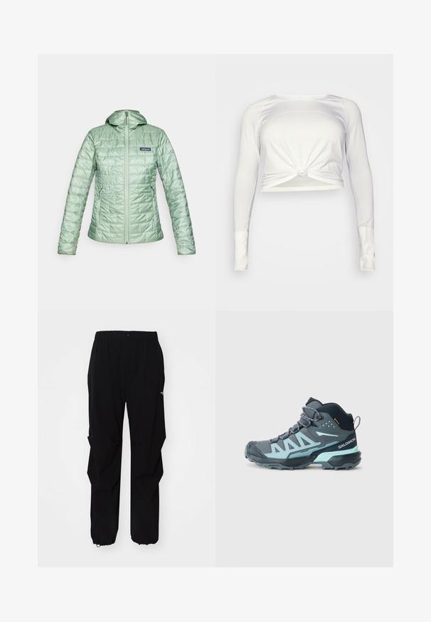 Lys grøn, quiltet dunjakke med hætte, frontlynlås og sidelommer. Tekstureret overflade med logo på øverste venstre bryst.; lululemon SWIFTLY TECH LONG SLEEVE - Langærmet T-shirt - white/white; Sorte udendørsbukser lavet af slidstærkt materiale, med en afslappet pasform, elastisk talje og tilpassede lukninger ved anklerne for justerbar længde.; Mellemhøj hiking sko i mørkegrå med lyseblå accenter. Har en tekstureret overdækning, forstærket tå og en robust ydersål for bedre greb.