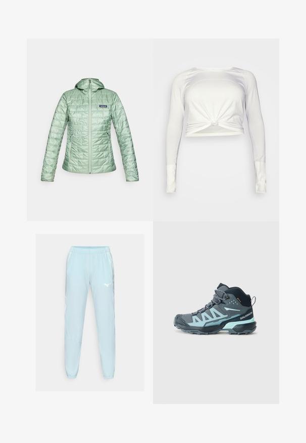 Chaqueta acolchada de color verde claro, con capucha, cierre frontal de cremallera y bolsillos laterales. Acabado texturizado con un logo en la parte superior izquierda del pecho.; lululemon SWIFTLY TECH LONG SLEEVE - Camiseta de manga larga - white/white; Pantalones deportivos de color azul claro, fabricados con tejido suave, que cuentan con una cintura elástica, piernas ajustadas y un logo blanco en el muslo izquierdo.; Bota de senderismo de corte medio en gris oscuro con acentos en azul claro. Cuenta con una parte superior texturizada, puntera reforzada y una suela resistente para mayor tracción.