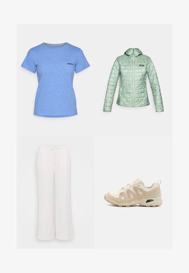 Šviesiai žalia, siuvinėta pūkinė striukė su gobtuvu, priekiniais užtrauktukais ir šoninėmis kišenėmis. Textūrizuotas paviršius su logotipu viršutiniame kairiame krūtinės kampe.; Mėlynas medvilninis marškinėlis su apvaliu kaklu ir trumpomis rankovėmis, ant kairiojo krūtinės šono esantis mažas juodas "patagonia" logotipas.; Baltos plačios kelnes, pagamintos iš lengvos medžiagos, su elastinga juosmena ir raišteliu, taip pat su vertikaliomis siūlėmis, suteikiančiomis tekstūrą.; Bežinės ir kreminės spalvos sportinės bateliai su tekstūruoto tinklelio viršutine dalimi, palaikančiomis detalėmis ir guminiais padais, turinčiais raštą, užtikrinantį sukibimą.