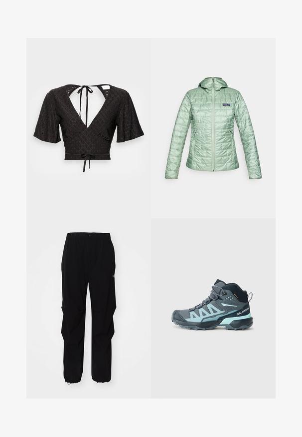Chaqueta acolchada de color verde claro, con capucha, cierre frontal de cremallera y bolsillos laterales. Acabado texturizado con un logo en la parte superior izquierda del pecho.; Blusa negra corta con mangas cortas abullonadas, escote en V profundo y un lazo en la parte trasera. La tela tiene un patrón texturizado con recortes.; Pantalones exteriores negros fabricados con material duradero, con un corte holgado, cintura elástica y puños ajustados para longitud regulable.; Bota de senderismo de corte medio en gris oscuro con acentos en azul claro. Cuenta con una parte superior texturizada, puntera reforzada y una suela resistente para mayor tracción.