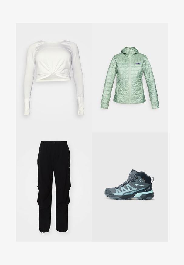 Svetlozelená prešívaná bunda s kapucňou, predným zipsom a bočnými vreckami. Štruktúrovaný povrch s logom na hornej ľavej strane hrude.; lululemon SWIFTLY TECH LONG SLEEVE - Top s dlhým rukávom - white/white; Čierne vonkajšie nohavice vyrobené z odolného materiálu, s voľným strihom, elastickým pásom a sťahovacími manžetami pre nastaviteľnú dĺžku.; Pohodlné turistické topánky stredného strihu v tmavošedej farbe s svetlomodrými akcentmi. Majú textúrovaný zvršok, zosilnenú špičku a robustnú podrážku pre lepšiu priľnavosť.